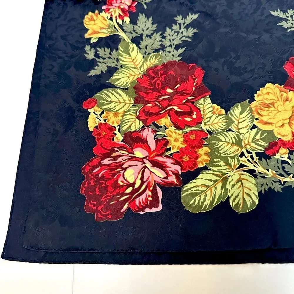 Ann Taylor Silk Oblong Scarf Large Black Jacquard Floral Print 18x70
